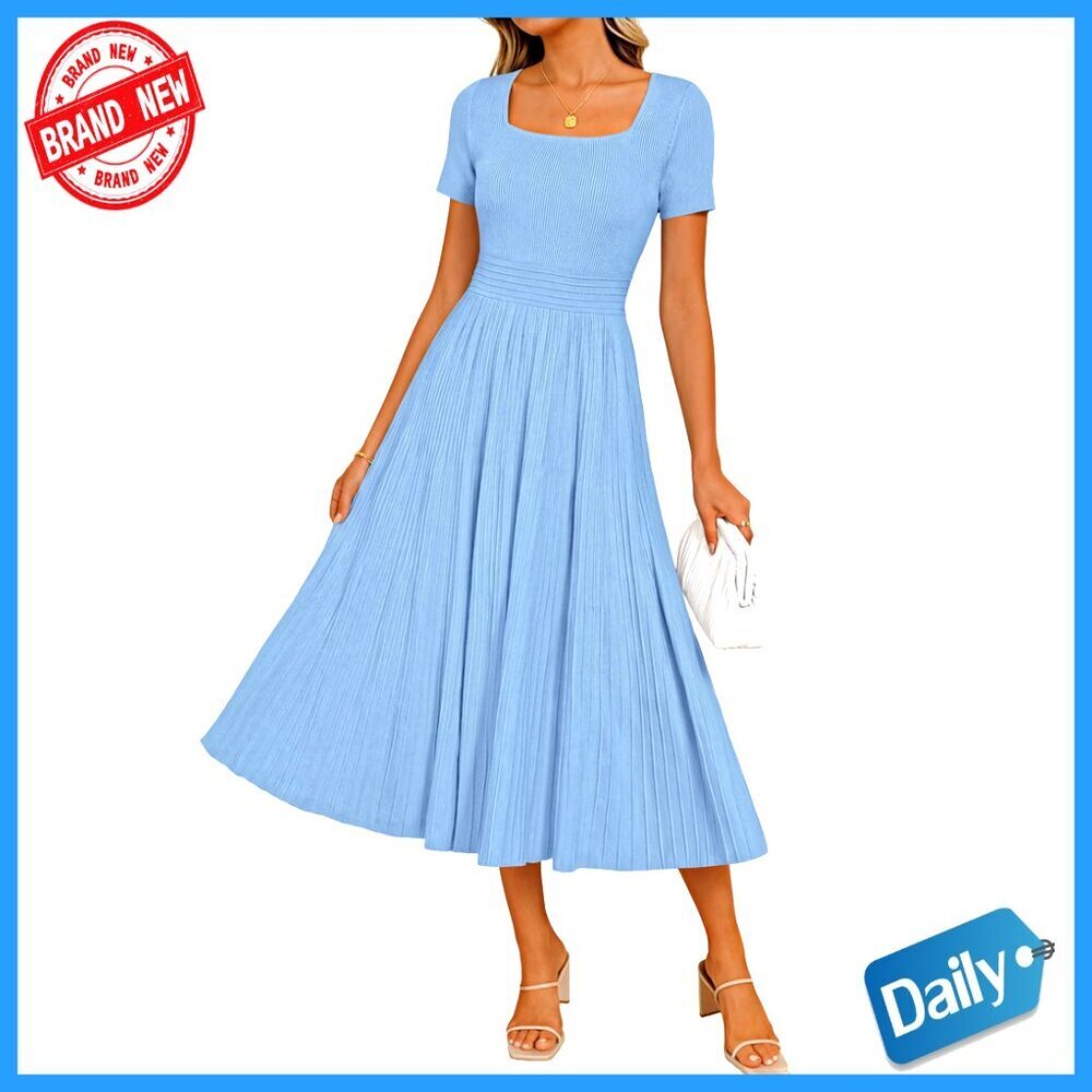 Lightweight Pleated Midi Dress Short Sleeve A-Line Business Casual Wedding Guest